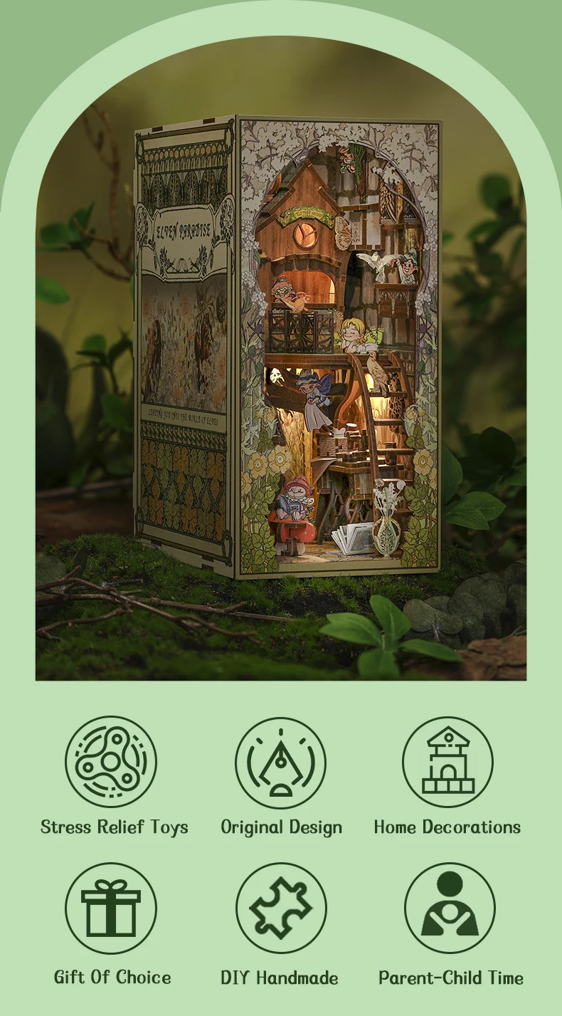 CUTEBEE Puzzle 3D DIY Book Nook Kit Wooden Bookend with Touch Light Secret Rhythm Music Booknook Building Decoration Model Gift