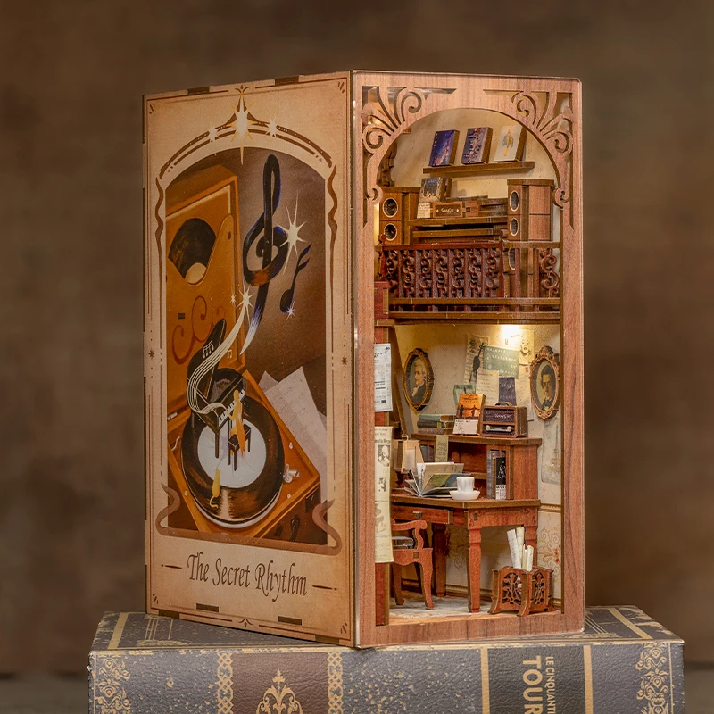 CUTEBEE Puzzle 3D DIY Book Nook Kit Wooden Bookend with Touch Light Secret Rhythm Music Booknook Building Decoration Model Gift