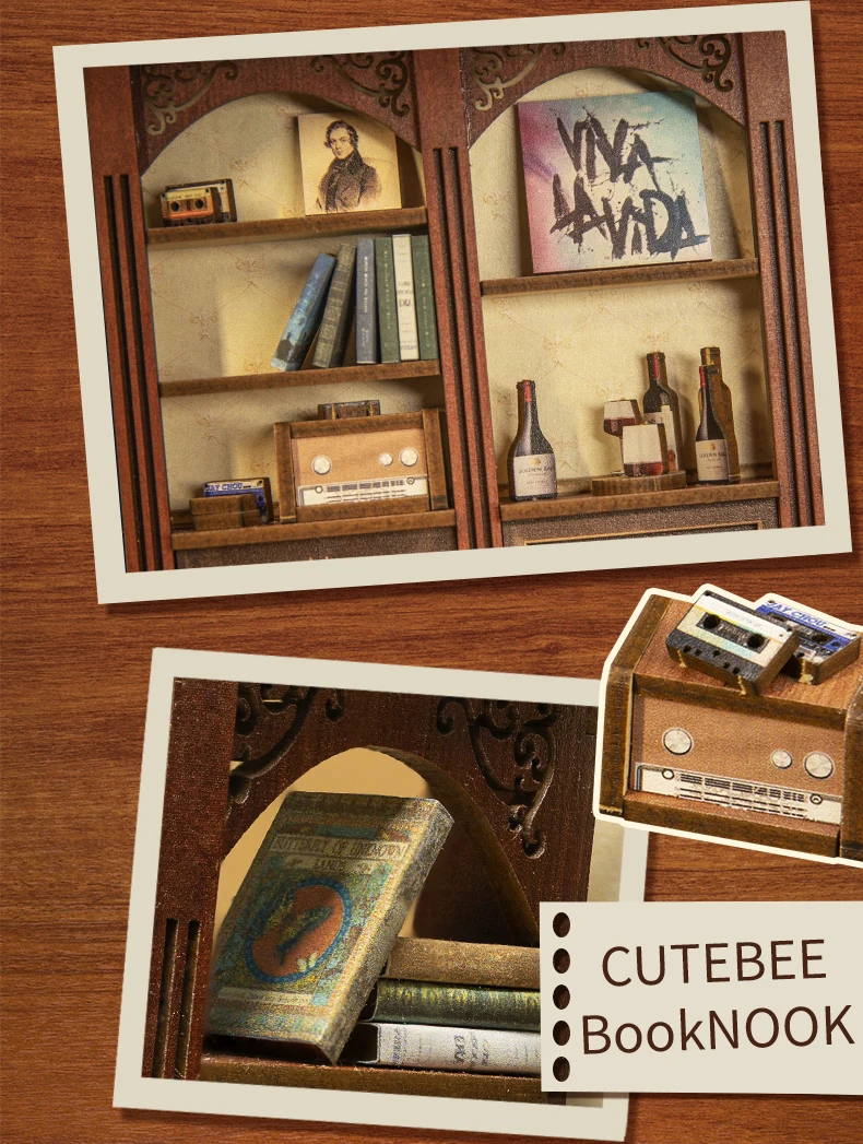 CUTEBEE Puzzle 3D DIY Book Nook Kit Wooden Bookend with Touch Light Secret Rhythm Music Booknook Building Decoration Model Gift