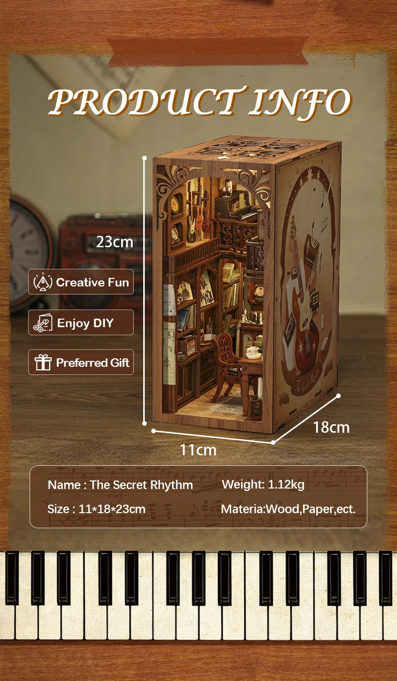 CUTEBEE Puzzle 3D DIY Book Nook Kit Wooden Bookend with Touch Light Secret Rhythm Music Booknook Building Decoration Model Gift