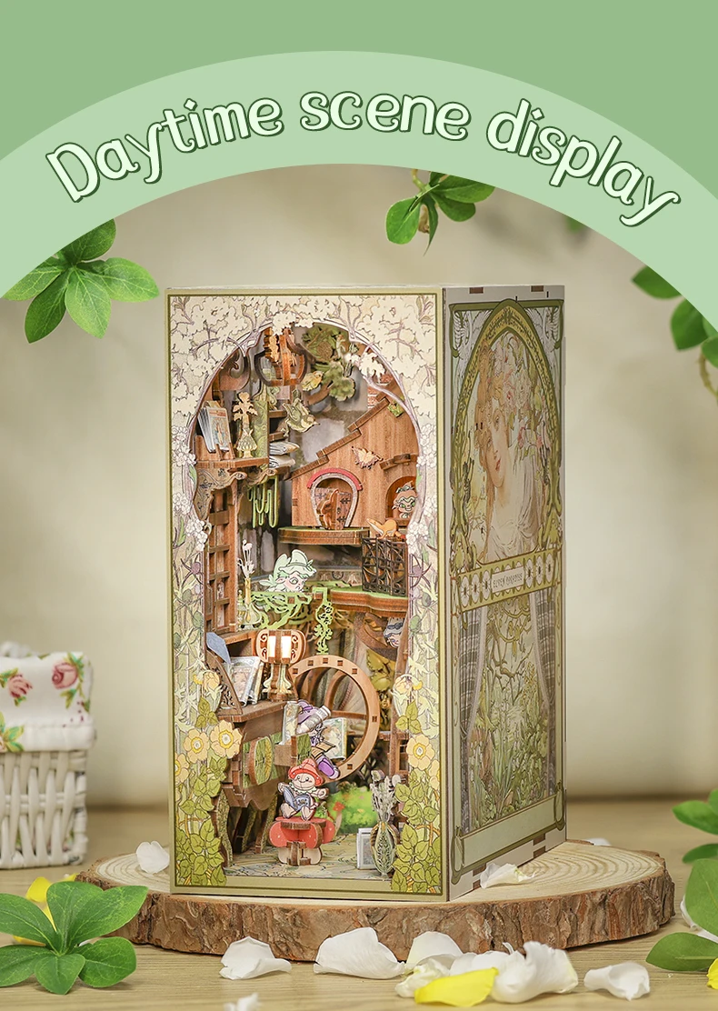 CUTEBEE Puzzle 3D DIY Book Nook Kit Wooden Bookend with Touch Light Secret Rhythm Music Booknook Building Decoration Model Gift