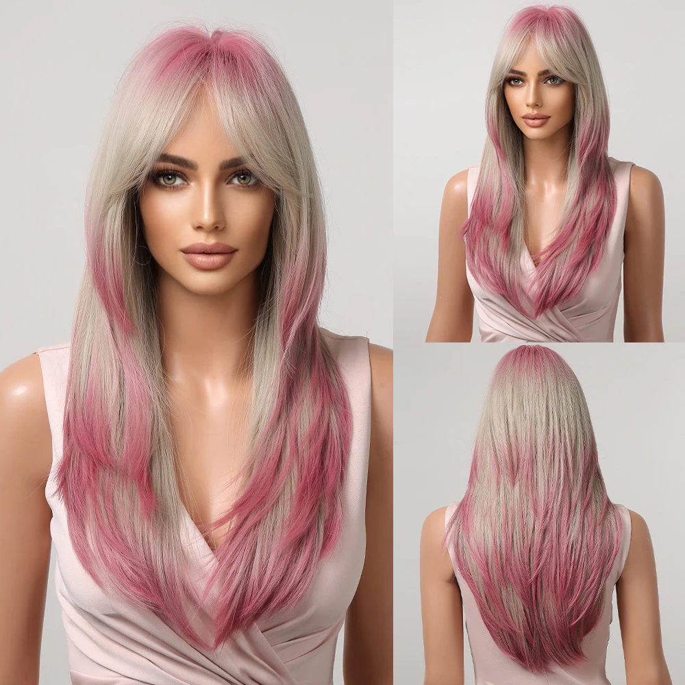 HENRY MARGU Long Straight Synthetic Wigs for Women Natural Brown Blonde Wig with Bangs Heat Resistant Cosplay Party Hair