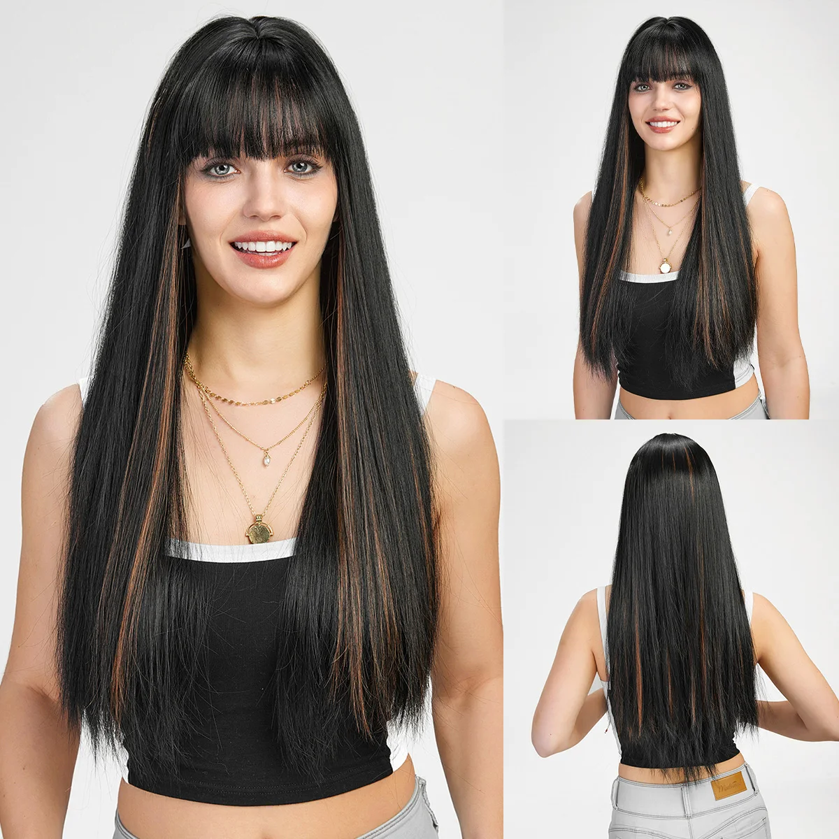 HENRY MARGU Long Straight Synthetic Wigs for Women Natural Brown Blonde Wig with Bangs Heat Resistant Cosplay Party Hair