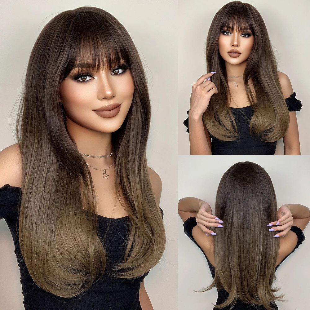 HENRY MARGU Long Straight Synthetic Wigs for Women Natural Brown Blonde Wig with Bangs Heat Resistant Cosplay Party Hair