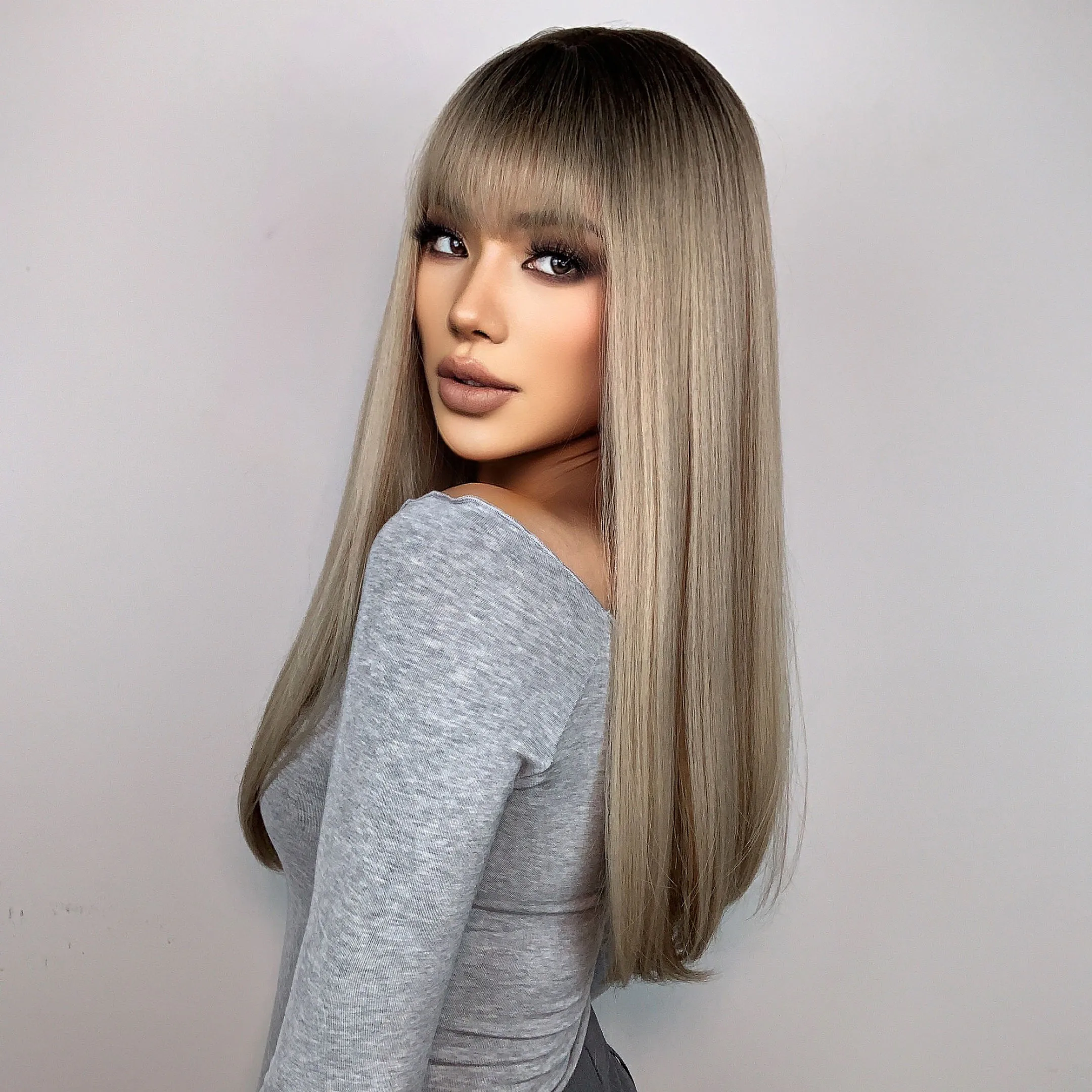 HENRY MARGU Long Straight Synthetic Wigs for Women Natural Brown Blonde Wig with Bangs Heat Resistant Cosplay Party Hair