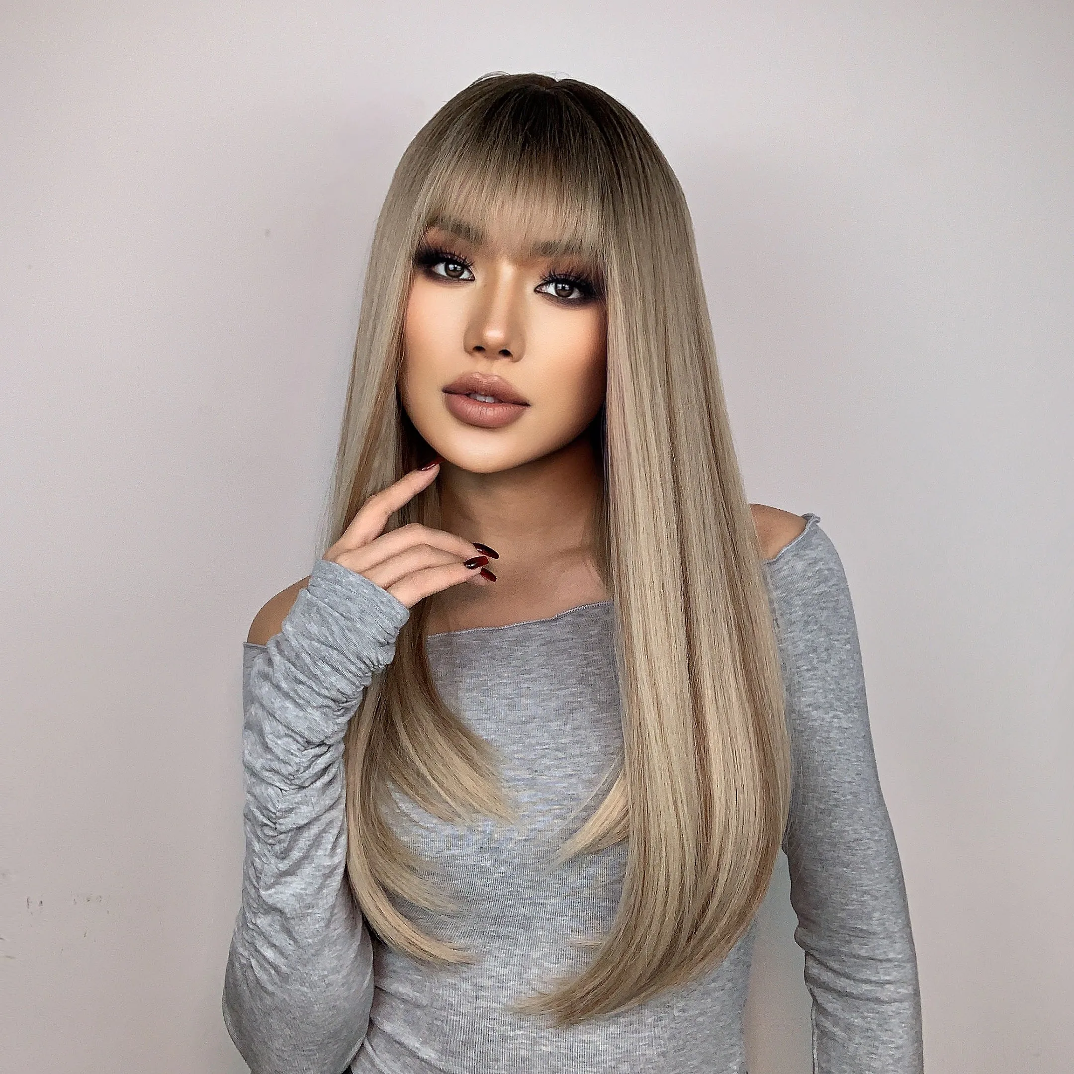 HENRY MARGU Long Straight Synthetic Wigs for Women Natural Brown Blonde Wig with Bangs Heat Resistant Cosplay Party Hair
