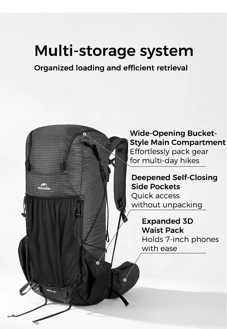 Naturehike Backpack Rock 2.0 Outdoor Men's Women's Hiking Backpack Large Capacity 60+5L Waterproof Climbing Travel Backpack