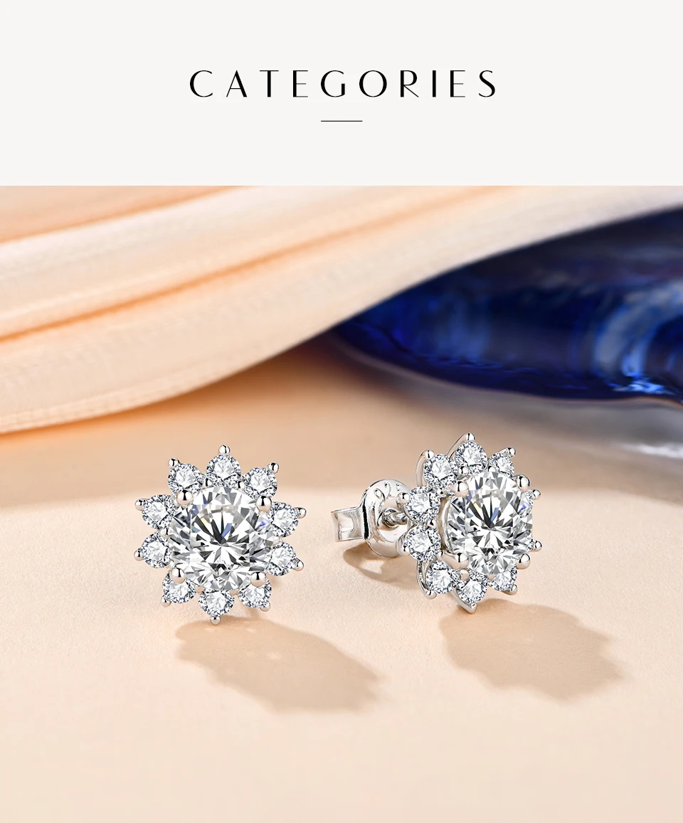 Snowflake Stud Earrings 925 Sterling Silver Jewelry 6.5mm 1.0 Carat Diamond Moissanite Earrings For Women Wedding Gift