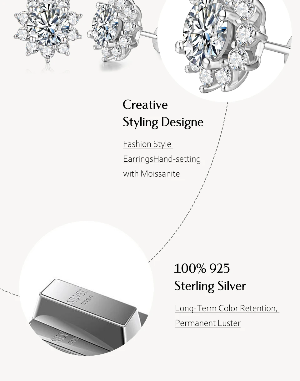 Snowflake Stud Earrings 925 Sterling Silver Jewelry 6.5mm 1.0 Carat Diamond Moissanite Earrings For Women Wedding Gift