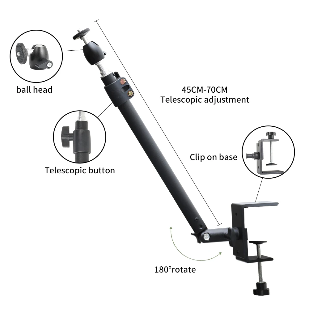 Desktop Clip Tripod Standing Desk Monitor with 1/4" Ball Head Table Fixture Ring Light Adjustable Bracket Stand DSLR Camera