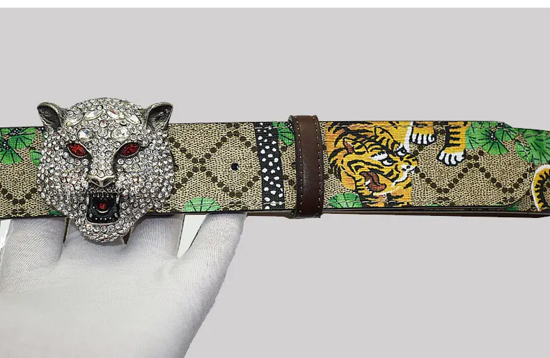 Western Rhinestone Tiger Buckle Tiger Print Leather Men Belt Fashion Jeans Causal Pants Men Belt