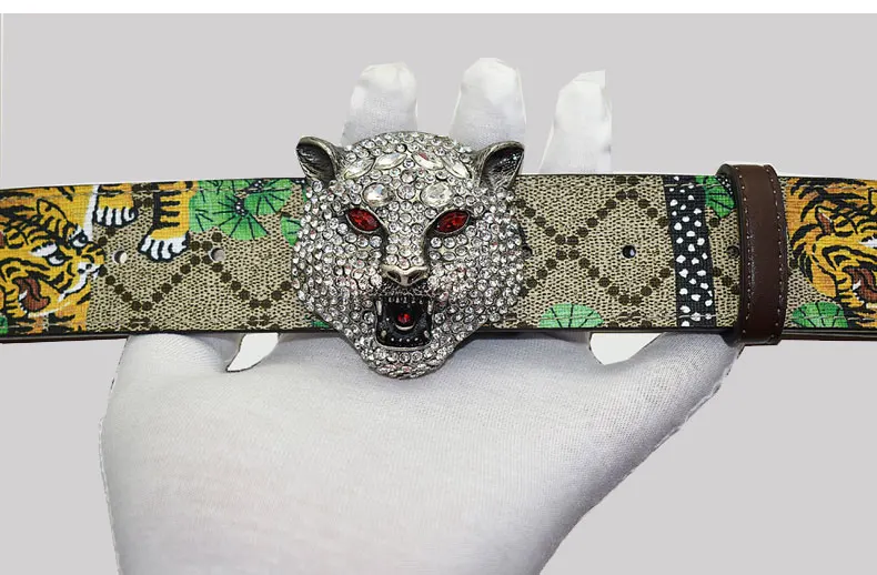 Western Rhinestone Tiger Buckle Tiger Print Leather Men Belt Fashion Jeans Causal Pants Men Belt