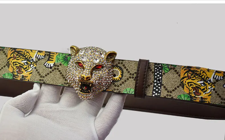 Western Rhinestone Tiger Buckle Tiger Print Leather Men Belt Fashion Jeans Causal Pants Men Belt