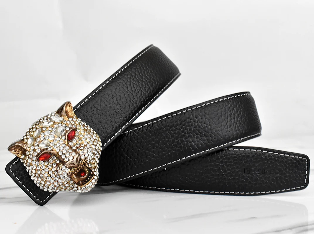 Western Rhinestone Tiger Buckle Tiger Print Leather Men Belt Fashion Jeans Causal Pants Men Belt