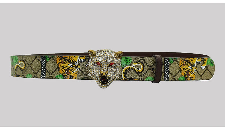 Western Rhinestone Tiger Buckle Tiger Print Leather Men Belt Fashion Jeans Causal Pants Men Belt