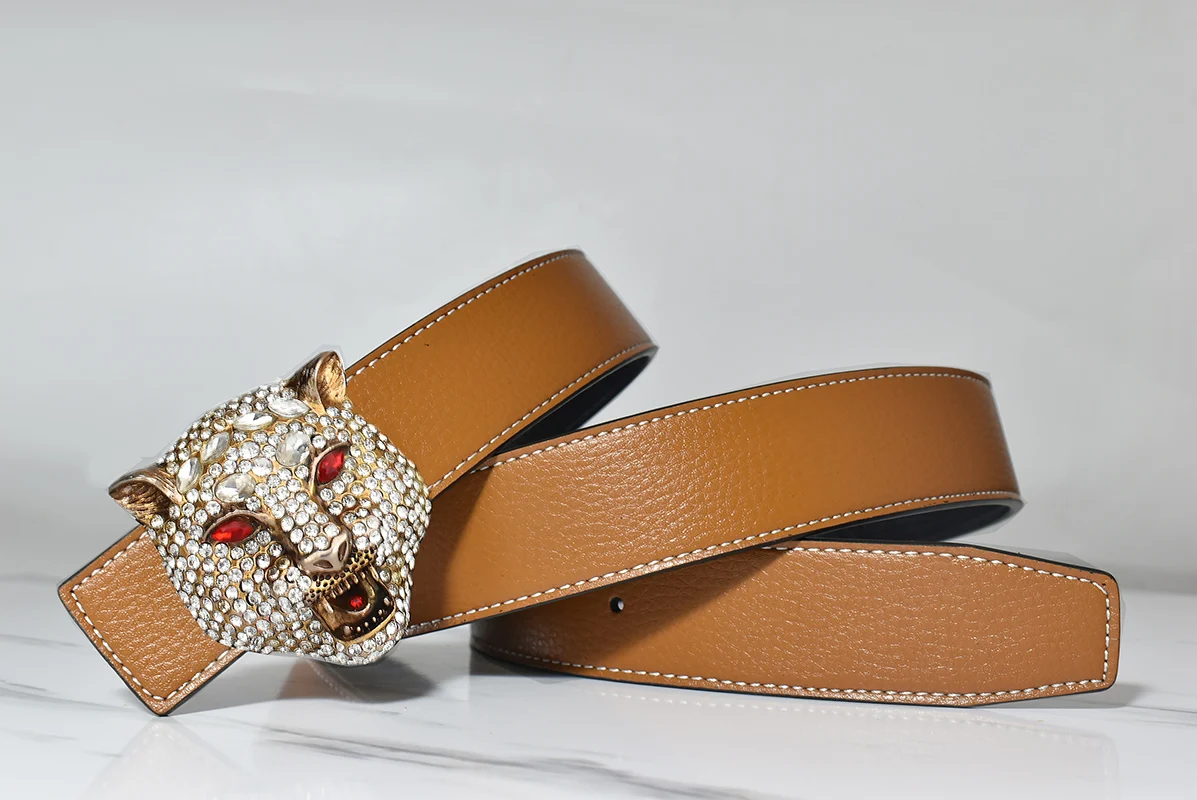 Western Rhinestone Tiger Buckle Tiger Print Leather Men Belt Fashion Jeans Causal Pants Men Belt