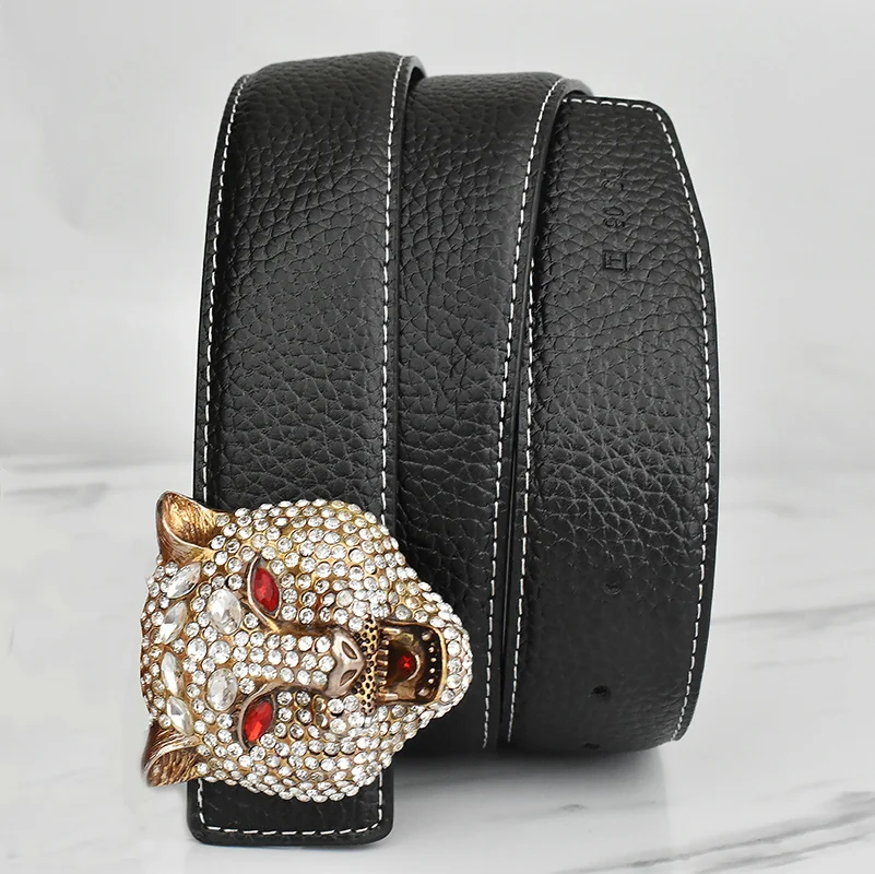 Western Rhinestone Tiger Buckle Tiger Print Leather Men Belt Fashion Jeans Causal Pants Men Belt