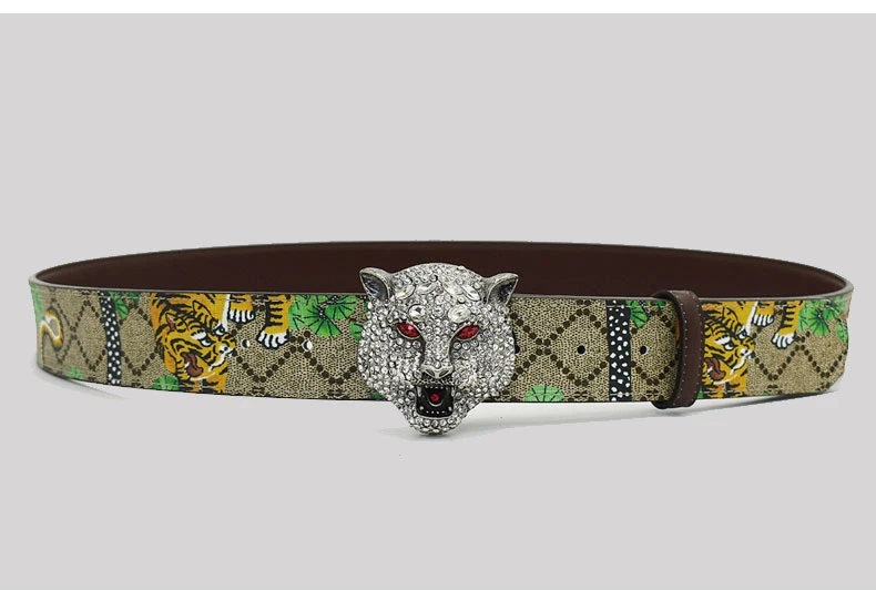 Western Rhinestone Tiger Buckle Tiger Print Leather Men Belt Fashion Jeans Causal Pants Men Belt