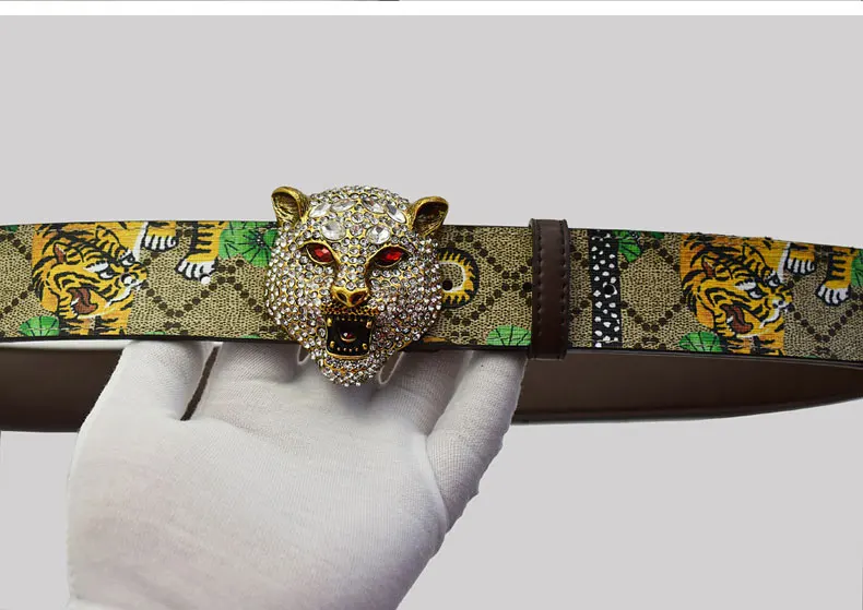 Western Rhinestone Tiger Buckle Tiger Print Leather Men Belt Fashion Jeans Causal Pants Men Belt