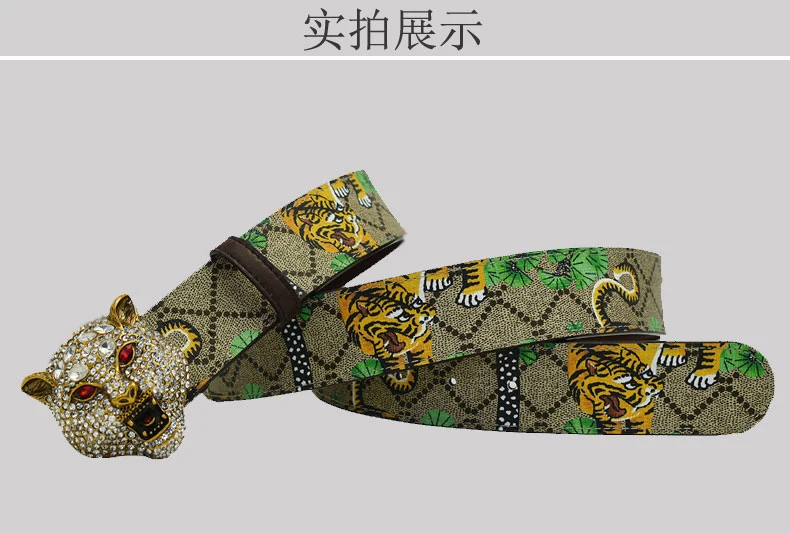 Western Rhinestone Tiger Buckle Tiger Print Leather Men Belt Fashion Jeans Causal Pants Men Belt