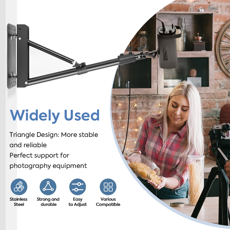 Wall Mount Support Boom Arm for light ring,Flexible Rotation Triangle Wall Mounted Lighting Stands for Studio Softbox Monolight