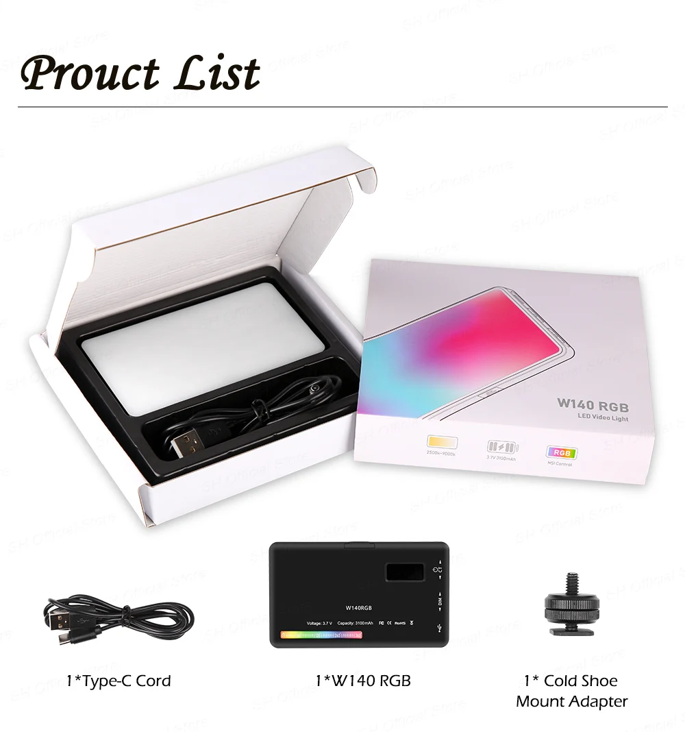SH W140 RGB Video Light 2500-9000K 3100mAh LED Camera Light With Diffuser Effect Vlog Fill Light Photography Lighting