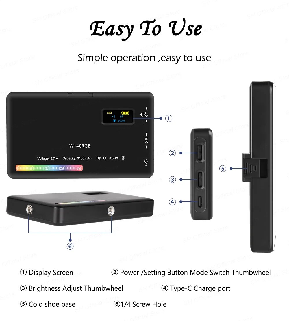 SH W140 RGB Video Light 2500-9000K 3100mAh LED Camera Light With Diffuser Effect Vlog Fill Light Photography Lighting