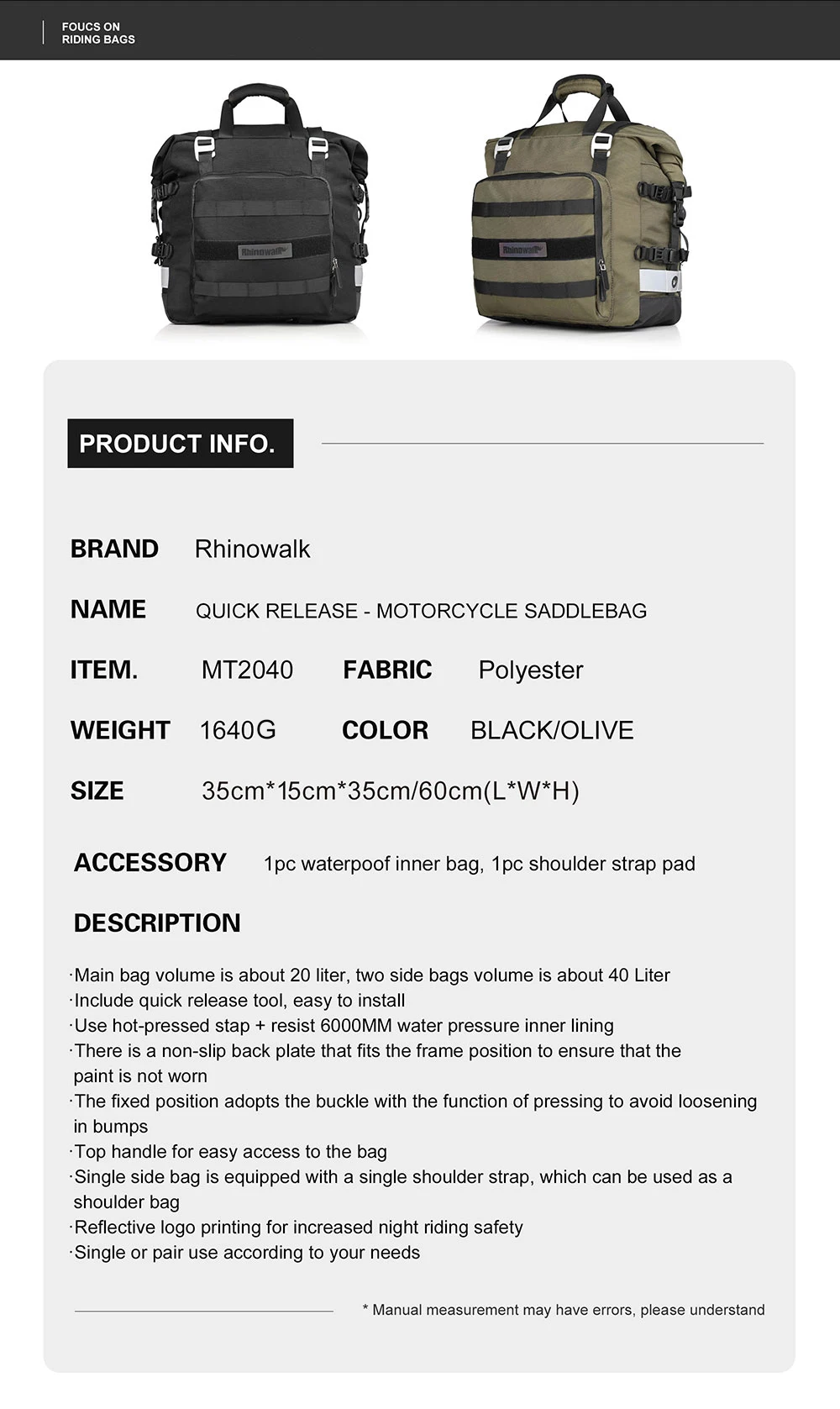 Rhinowalk Motorcycle Saddlebag 20L Travel Motor Side Luggage Universal Motorbike Waterproof Removable Inner Bag Pannier 1 Piece