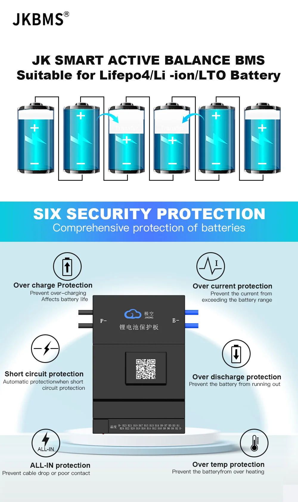JKBMS 12S 13S 14S 15S 16S 17S 20S 21S 24S Smart BMS 150A 200A with Active Balance Board Li-Ion Lifepo4 100ah lto battery jikong