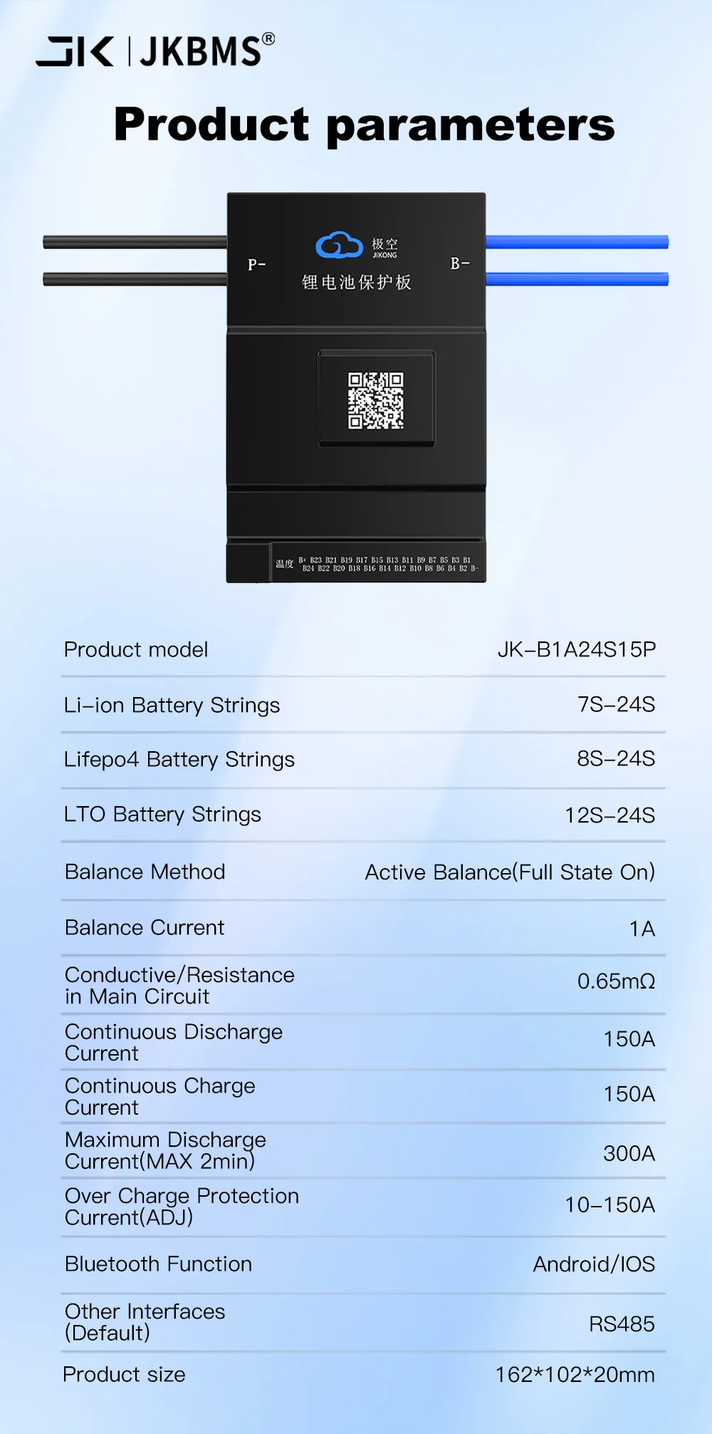 JKBMS 12S 13S 14S 15S 16S 17S 20S 21S 24S Smart BMS 150A 200A with Active Balance Board Li-Ion Lifepo4 100ah lto battery jikong