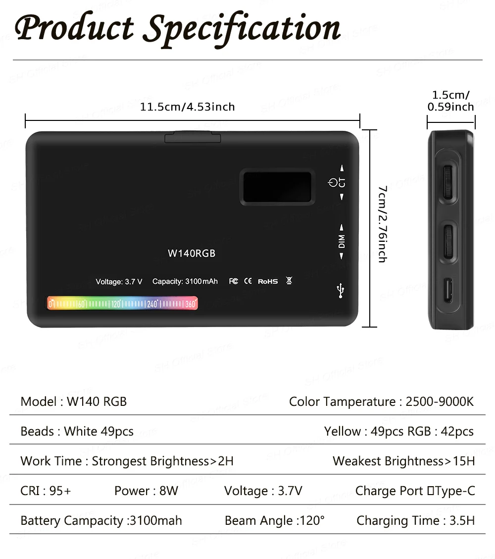 SH W140 RGB Video Light 2500-9000K LED Camera Light 3100mAh With Diffuser Effect Vlog Fill Light Photography Lighting