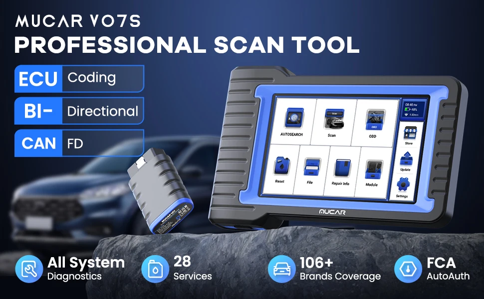 MUCAR VO7S Automotive Diagnostic Tool Bi Directional Scan Tool OBD2 Scanner ECU Coding 28 Resets Full System Life Free CANFD FCA