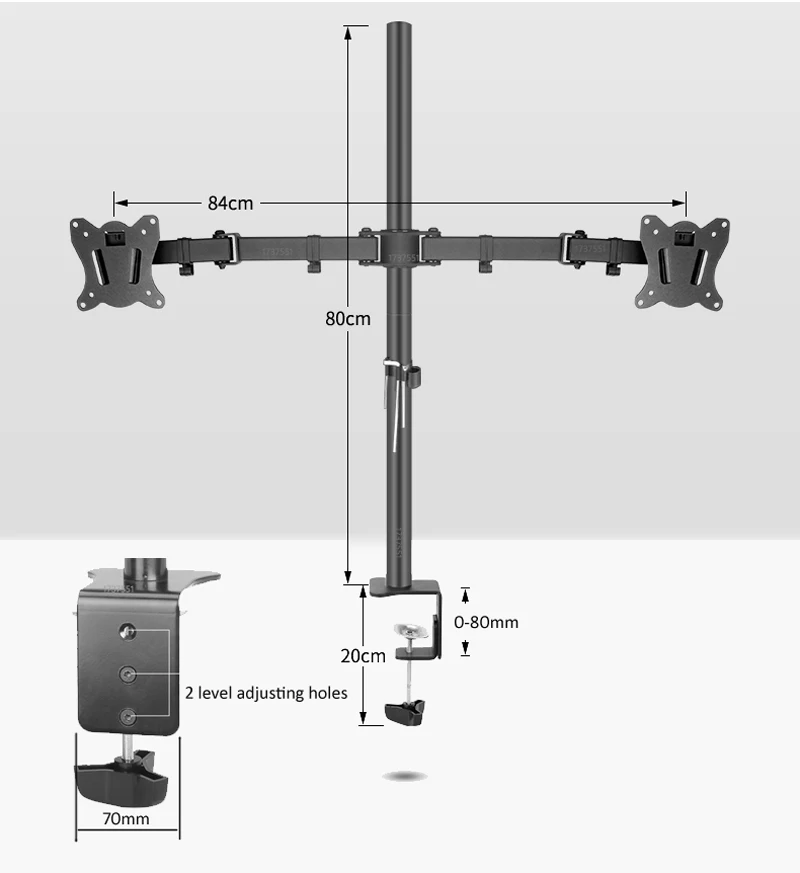 (80cm) DL-T902-280II Full Motion Dual Monitor Desktop Stand Holder 10'-27' Clamp Grommet Hole Base PC Mount Foldable Arm 12kg