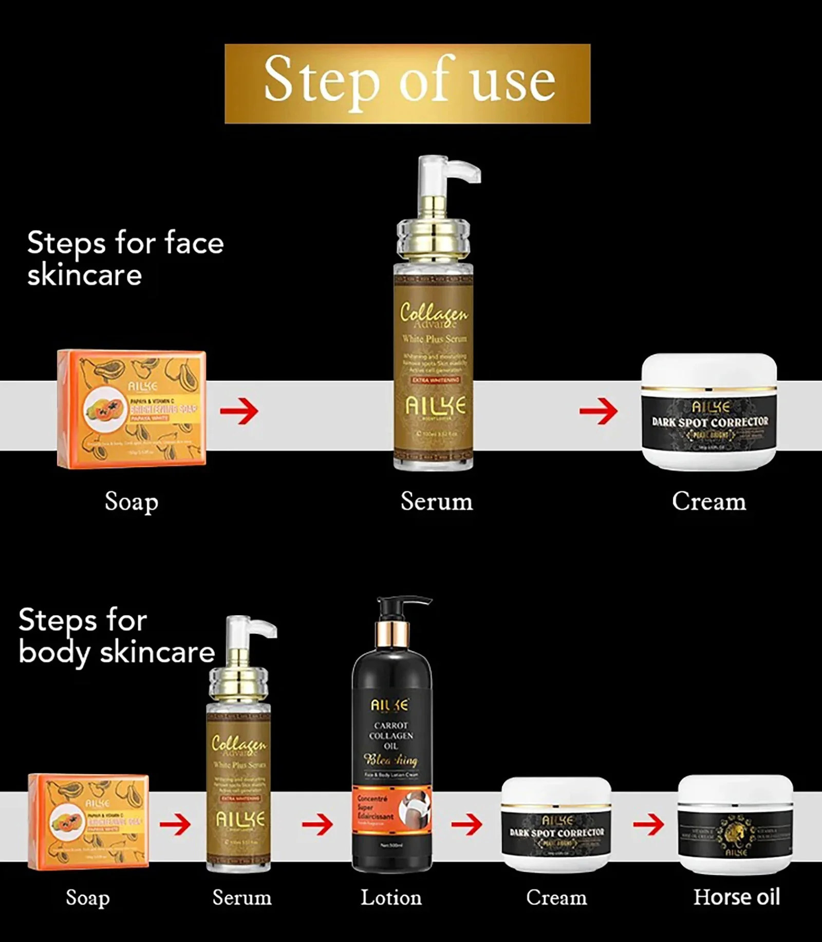 AILKE Collagen Whitening Set, Lightening, Moisturizing, Hydrating, Anti Dark Spots, Hyperpigmentation, For All Skin Types