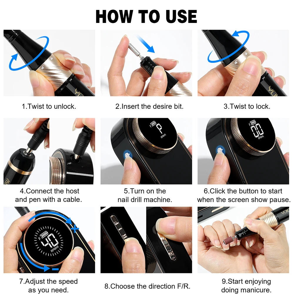 YOKEFELLOW 40000RPM Electric Nail Drill Machine Portable Rechargeable Nail Drill For Acrylic Nails Gel Removing Nail Tool N301