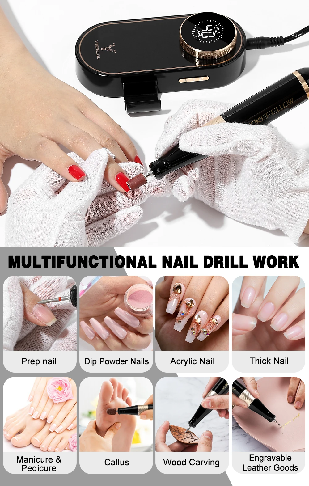 YOKEFELLOW 40000RPM Electric Nail Drill Machine Portable Rechargeable Nail Drill For Acrylic Nails Gel Removing Nail Tool N301