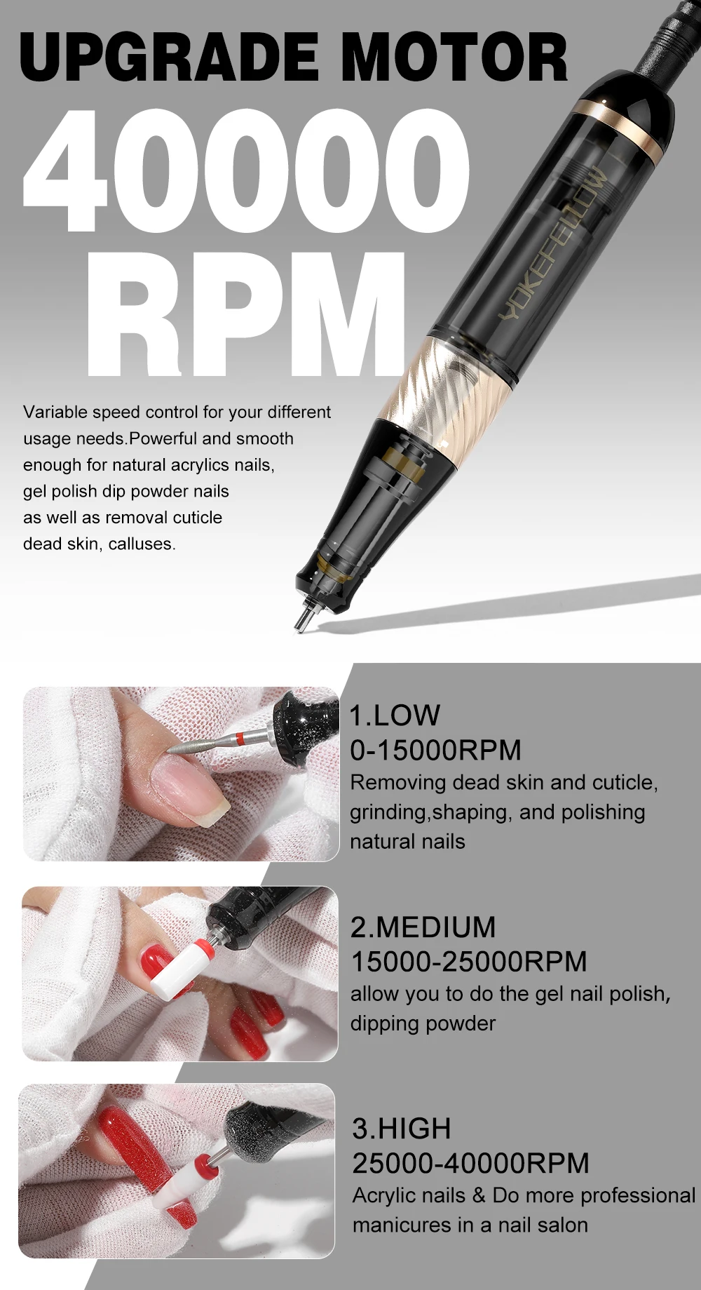 YOKEFELLOW 40000RPM Electric Nail Drill Machine Portable Rechargeable Nail Drill For Acrylic Nails Gel Removing Nail Tool N301