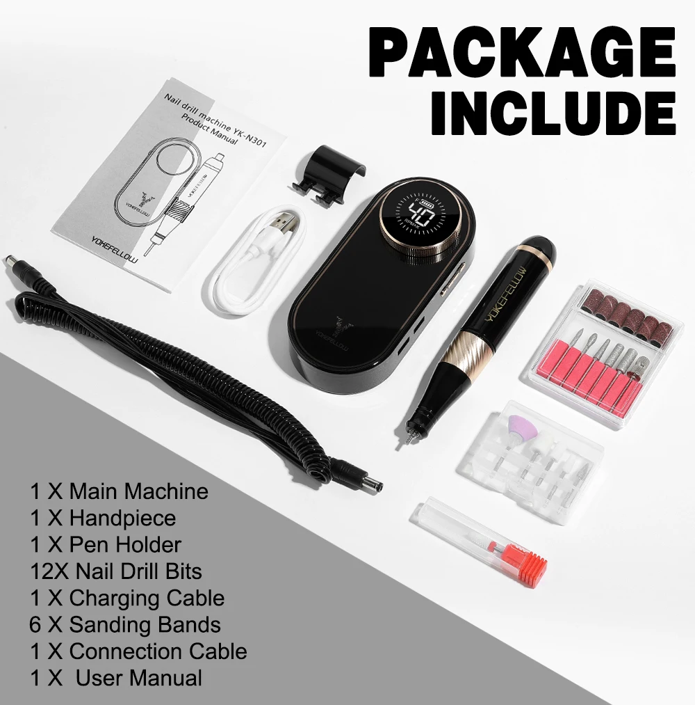 YOKEFELLOW 40000RPM Electric Nail Drill Machine Portable Rechargeable Nail Drill For Acrylic Nails Gel Removing Nail Tool N301