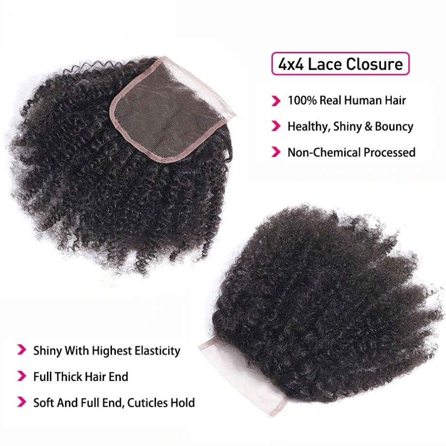 Mongolian Afro Kinky Human Hair Bundles With Closure African Natural Fluffy Hair Extensions 4x4 Lace Closure 4B 4C Tissage Afro