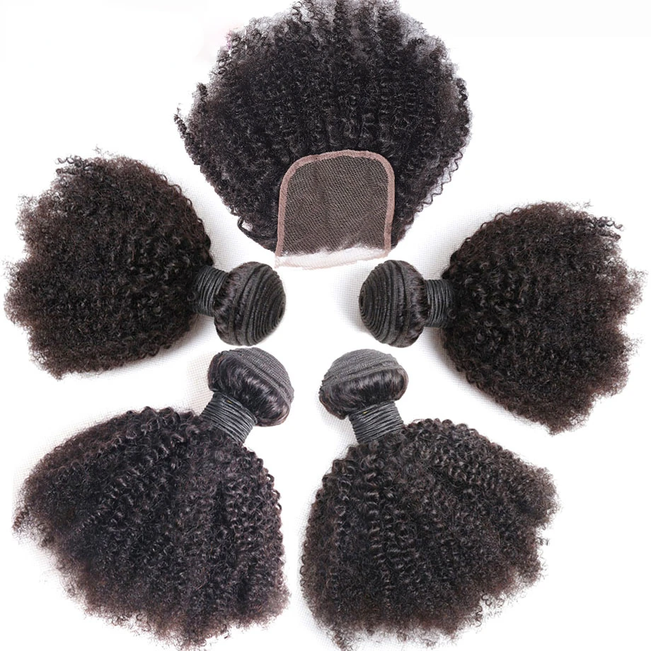 Mongolian Afro Kinky Human Hair Bundles With Closure African Natural Fluffy Hair Extensions 4x4 Lace Closure 4B 4C Tissage Afro
