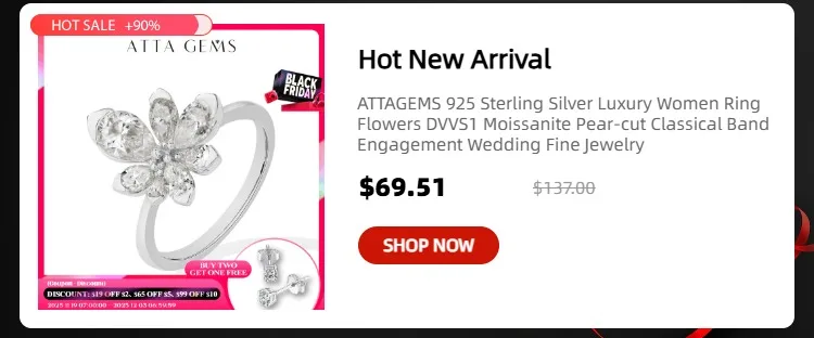 ATTAGEMS 925 Sterling Silver White Gold Round Excellent Cut Moissanite Ring for Girls Cocktail Jewelry