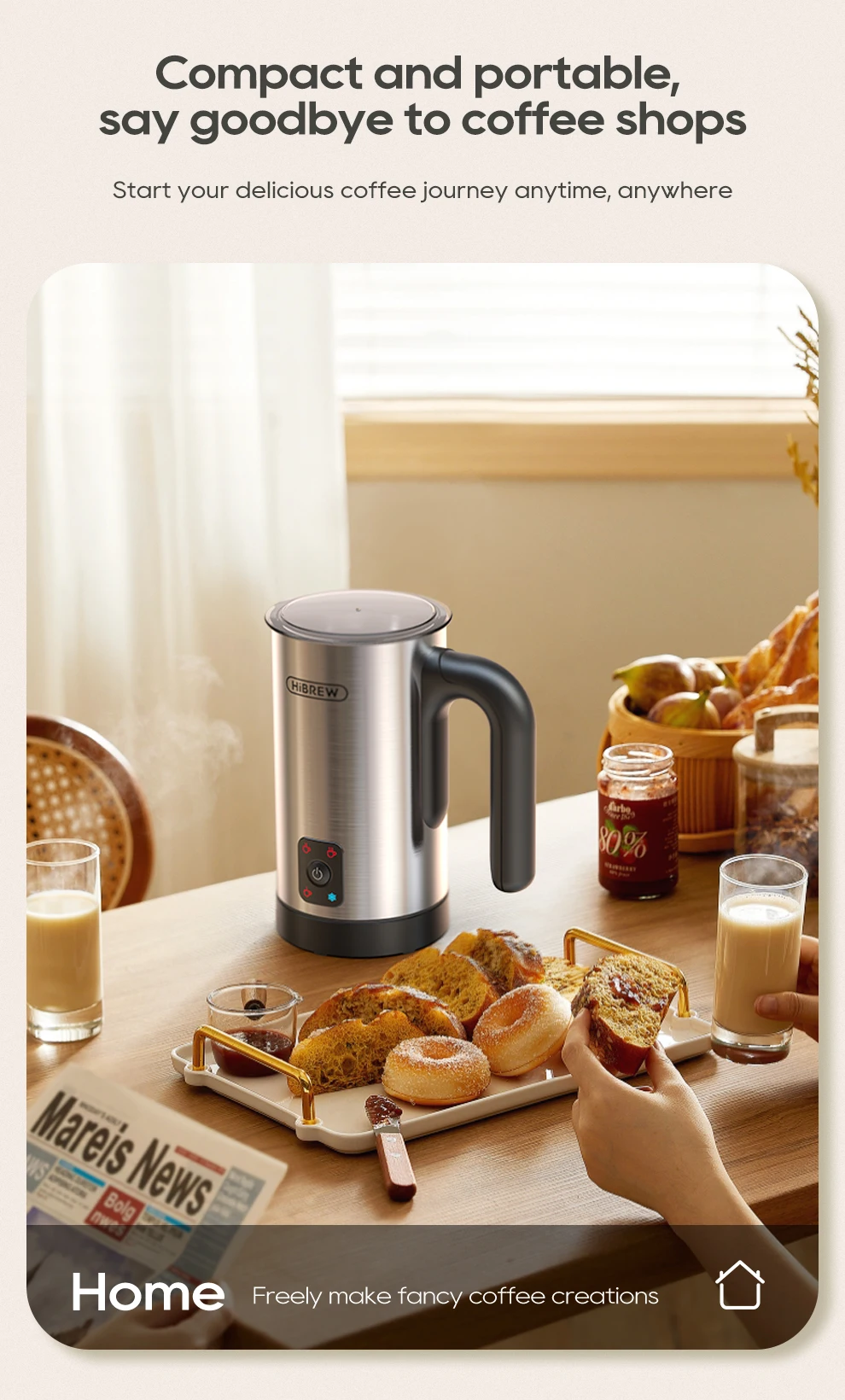 HiBREW 4 in 1 Milk Frother Frothing Foamer Fully automatic Milk Warmer Cold/Hot Latte Cappuccino Chocolate Protein powder M3A