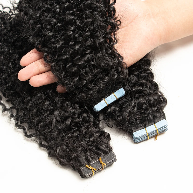 MRS HAIR Tape In Hair Extensions Deep Curly Human Hair Skin Weft Kinky Curly Tape Hair 12-24inch Natural Black Remy 20pcs/Pack