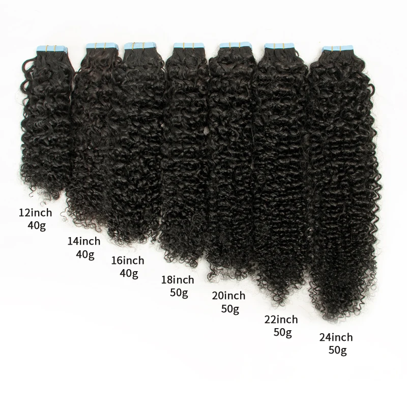 MRS HAIR Tape In Hair Extensions Deep Curly Human Hair Skin Weft Kinky Curly Tape Hair 12-24inch Natural Black Remy 20pcs/Pack