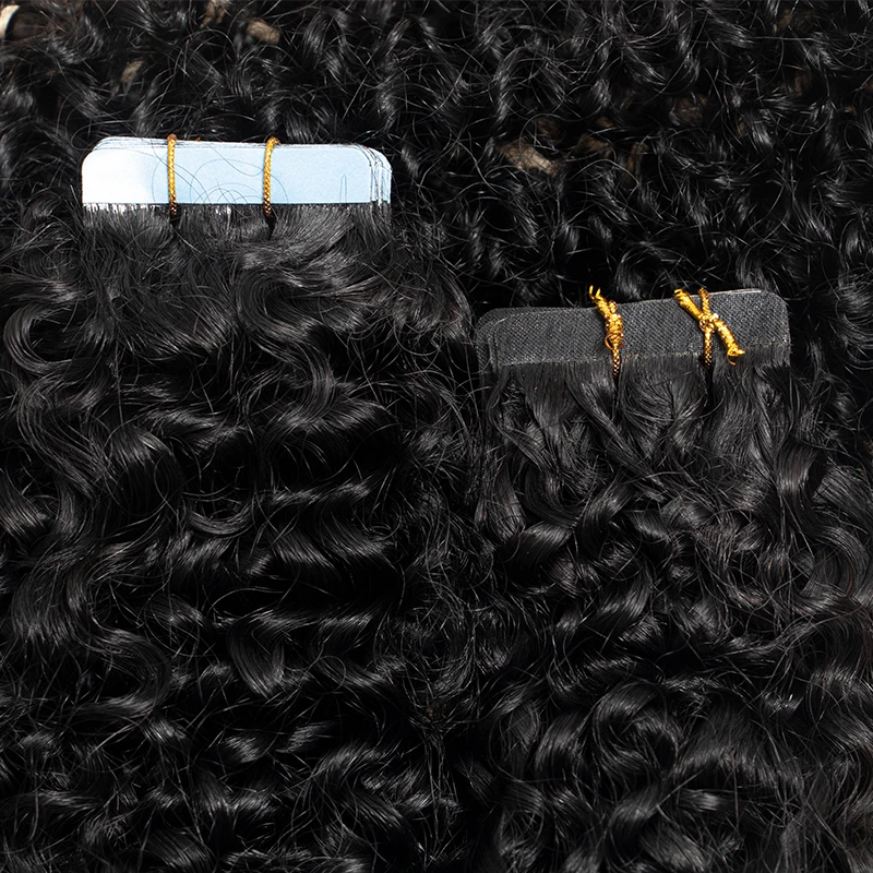 MRS HAIR Tape In Hair Extensions Deep Curly Human Hair Skin Weft Kinky Curly Tape Hair 12-24inch Natural Black Remy 20pcs/Pack