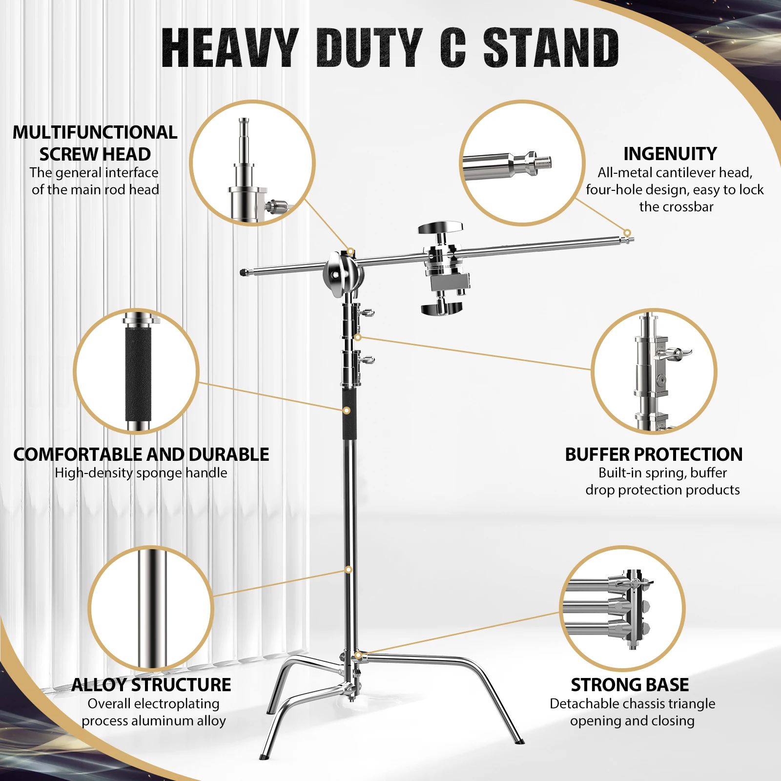 C-Stand Photography Stand Stainless Steel with Hold Arm and Grip Head Upgraded Max Height 260cm with One Adjustable Magical Leg