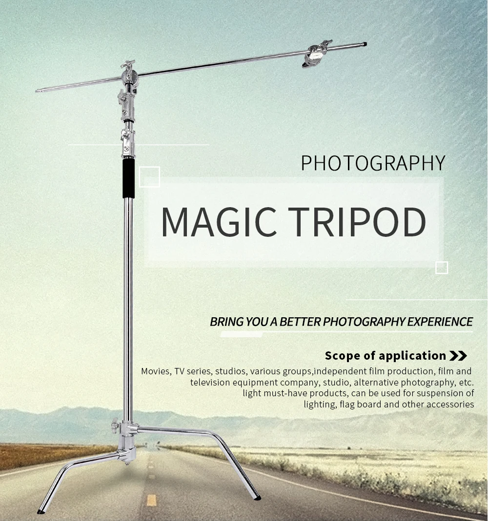 C-Stand Photography Stand Stainless Steel with Hold Arm and Grip Head Upgraded Max Height 260cm with One Adjustable Magical Leg