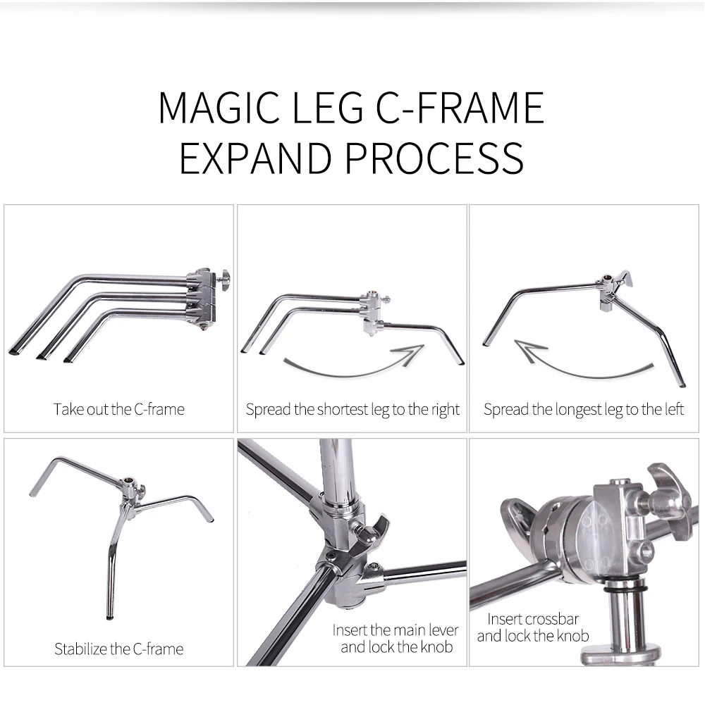 C-Stand Photography Stand Stainless Steel with Hold Arm and Grip Head Upgraded Max Height 260cm with One Adjustable Magical Leg