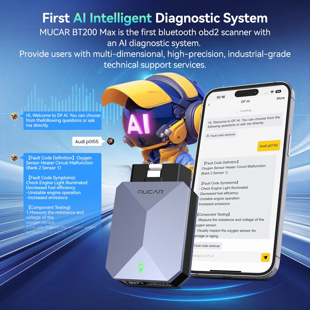 MUCAR BT200 MAX OBD2 Scanner Support ELM327 CANFD Protocol Full System Diagnostic Tools 15 Reset Lifetime Free Update Scan Tool