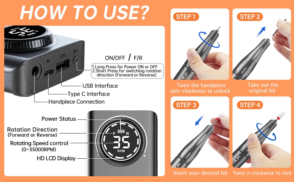 40000/35000RPM Portable Electric Nail Drill Machine With LCD Display Nails Sander For Acrylic Gel Polish Rechargeable Nail Tool